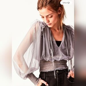 Free People "TWYLA" Pink Mauve Sheer Mesh RUFFLE TOP Blouse Long Sleeves L Large